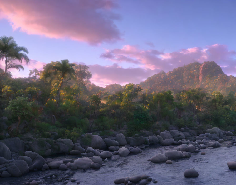 Serene river at twilight with lush forest and pink clouds