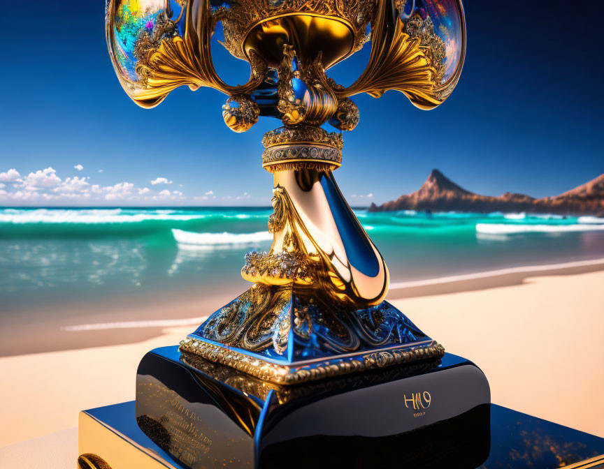 Golden ornate trophy on platform at sunny beach