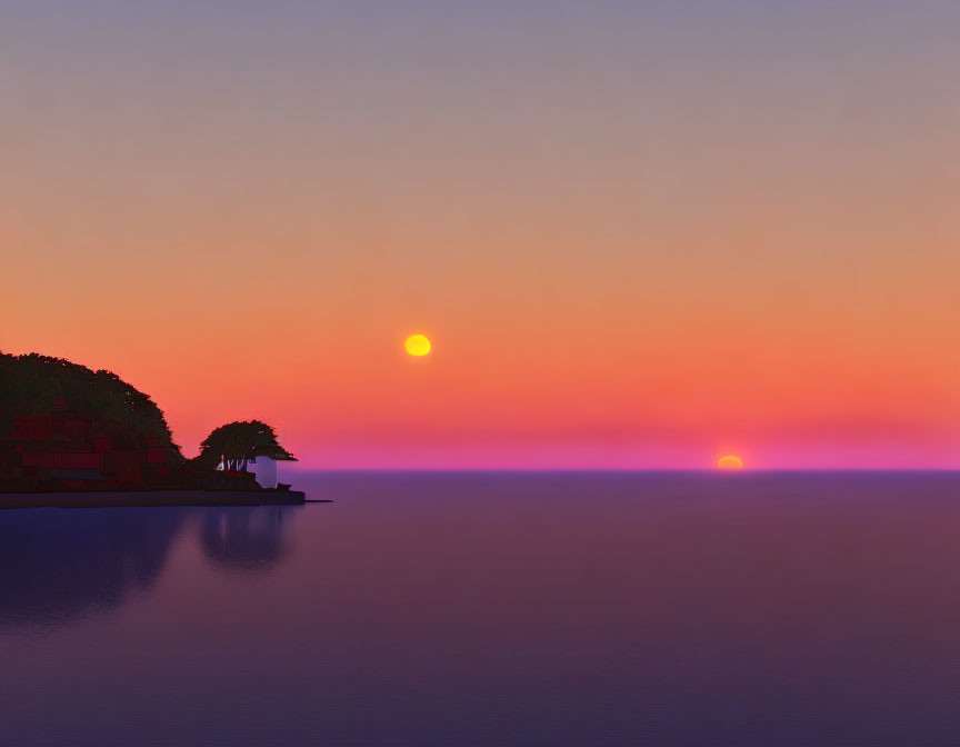 Tranquil sunset over calm ocean with orange and purple hues reflecting on water.