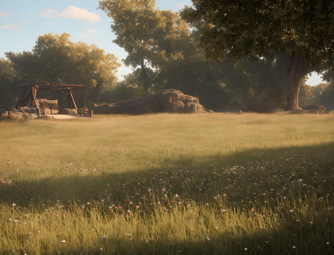 Tranquil Park Sunset Scene with Trees, Swing, and Wildflowers