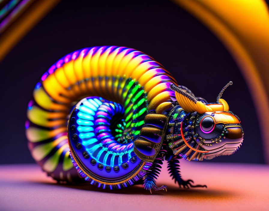 Colorful Mechanical Millipede on Purple and Yellow Background