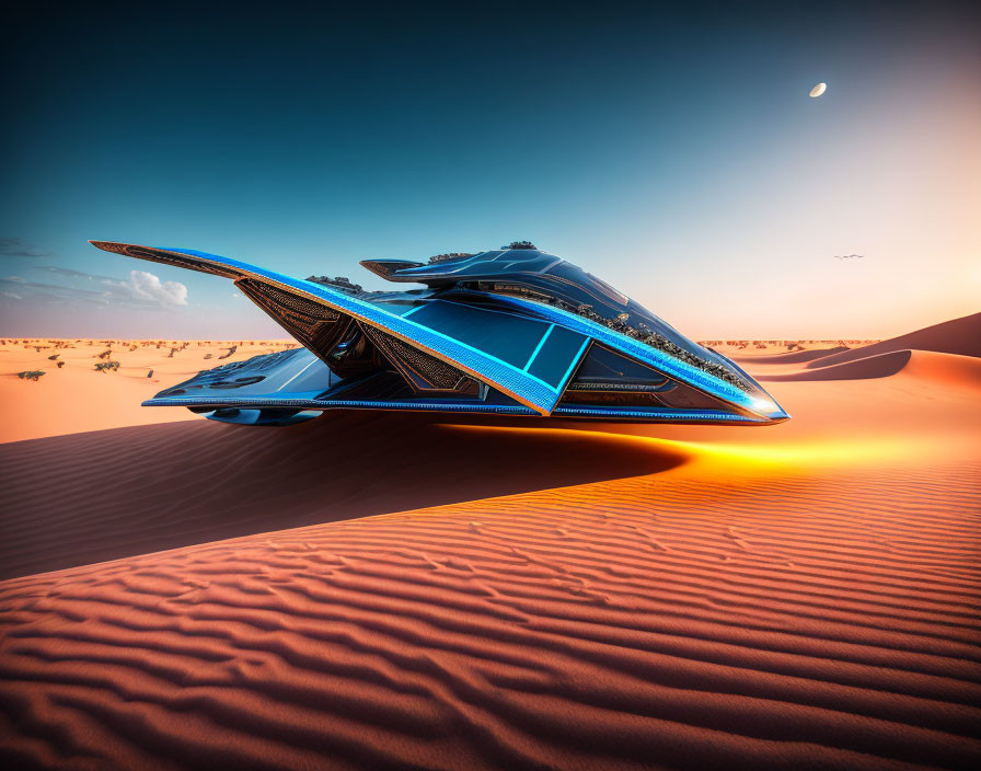 Blue spacecraft lands on orange desert with visible Moon