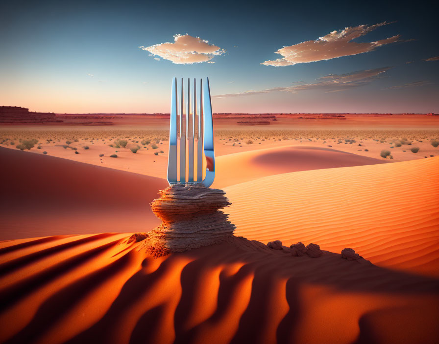 Fork sculpture on desert dune at sunset