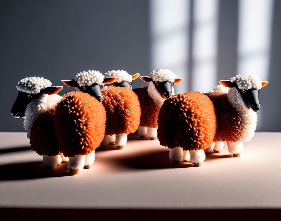 Fluffy white and brown toy sheep indoors with striped shadows