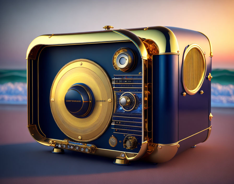 Vintage Camera with Gold Accents on Sunset Background