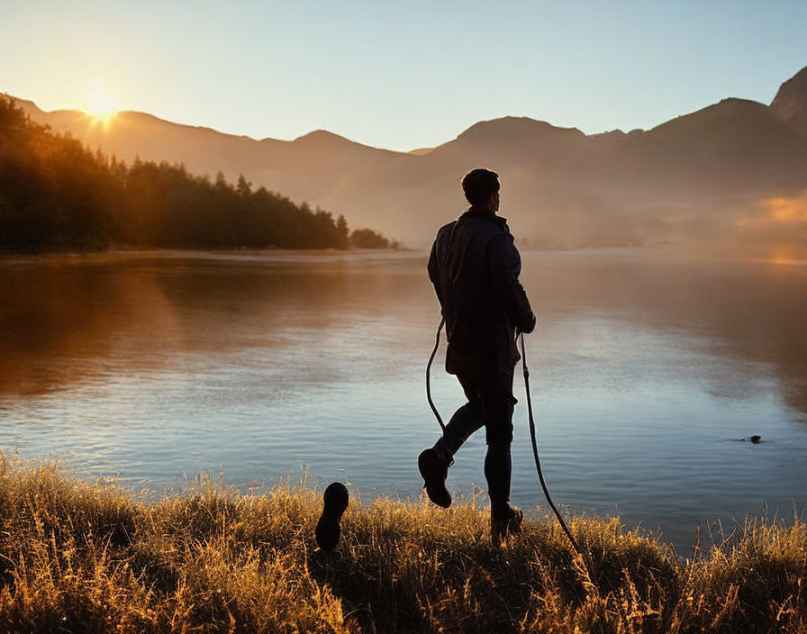 Hiker by serene lake at sunrise with mist and mountains