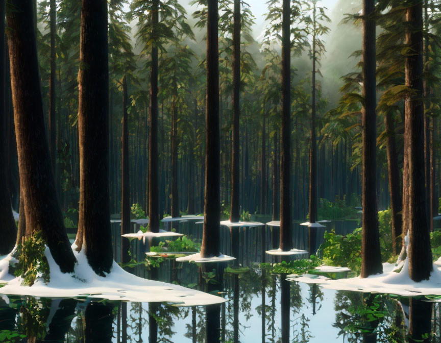 Snow-capped trees reflected in calm water amidst fog and soft sunlight in tranquil forest.