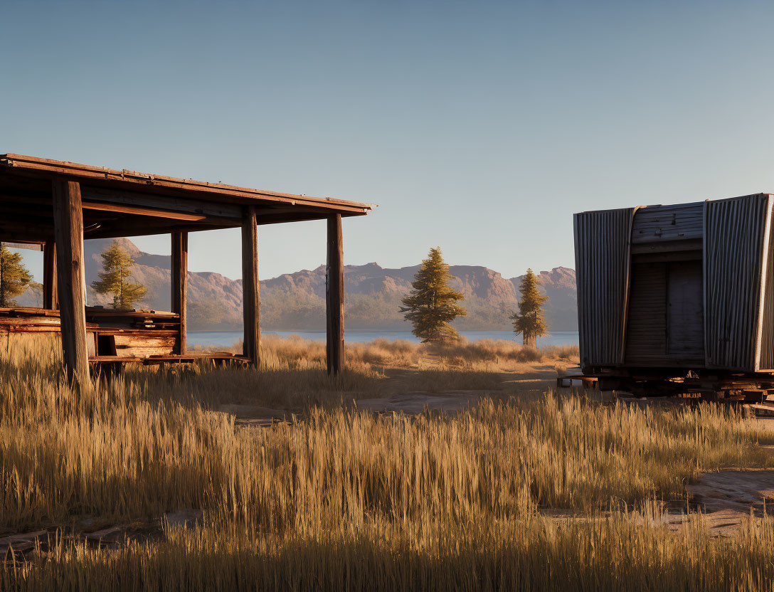 Scenic sunset view of rustic wooden structures in grassy field