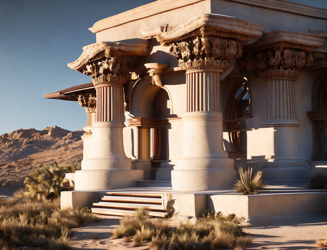 Classical architectural structure with columns and sculptures in desert landscape