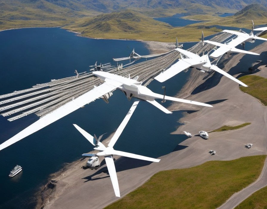 Large Wind Farm with Turbines Near Water and Green Hills