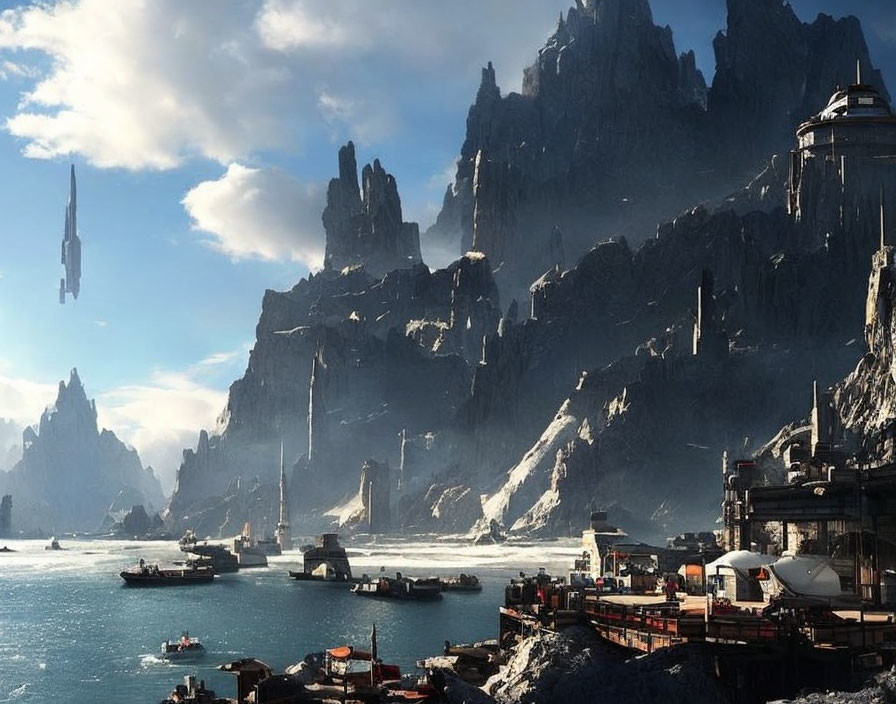 Futuristic harbor with ships, cliffs, icy waters, and dramatic sky