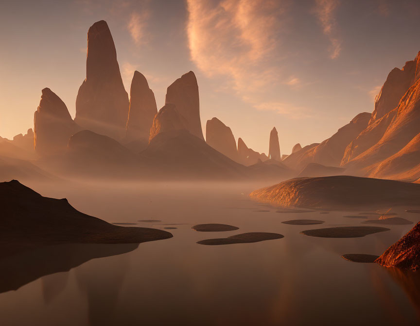 Majestic rock formations and serene lake at sunrise