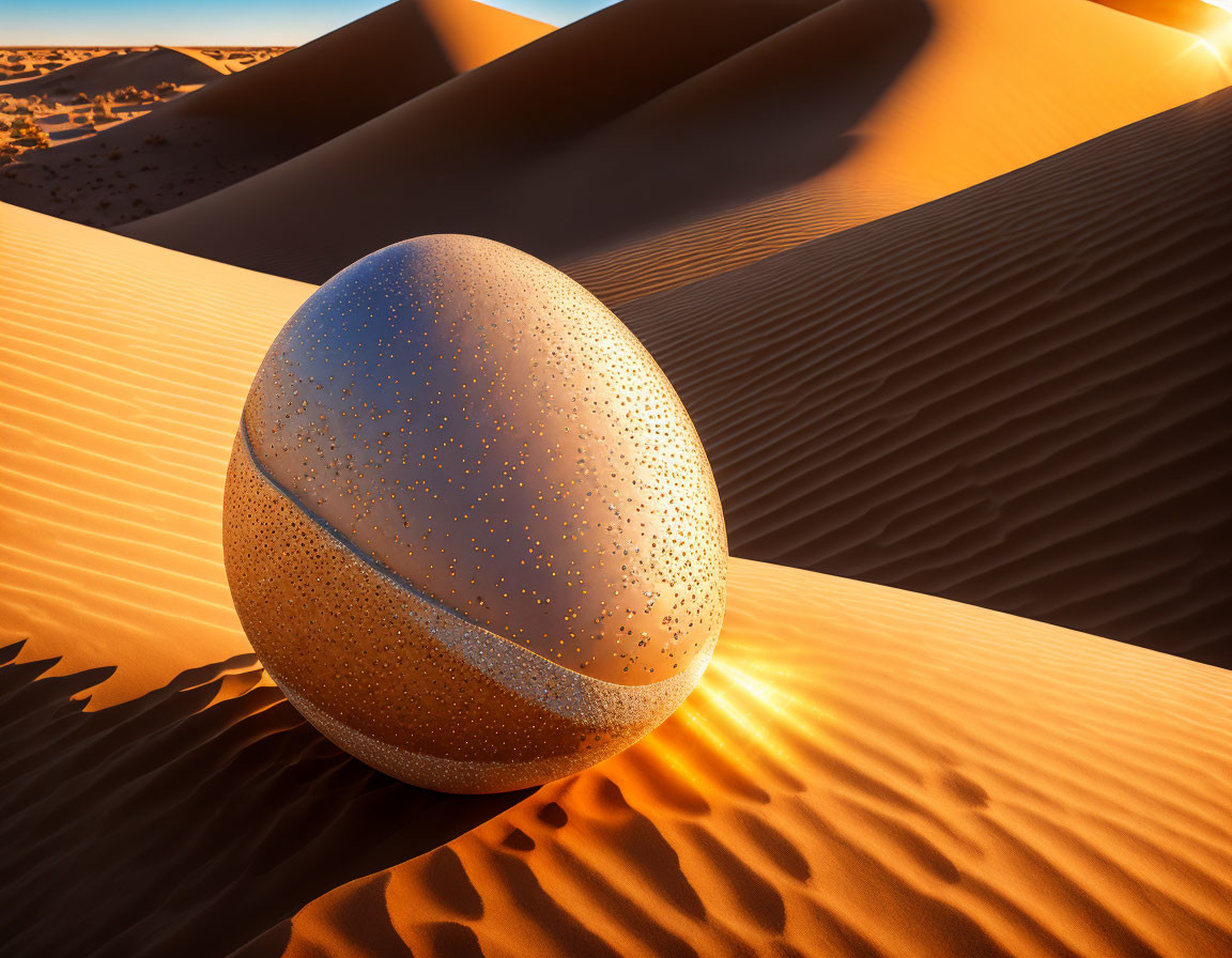 Surreal image: shiny egg on sand dunes under warm sunset sky