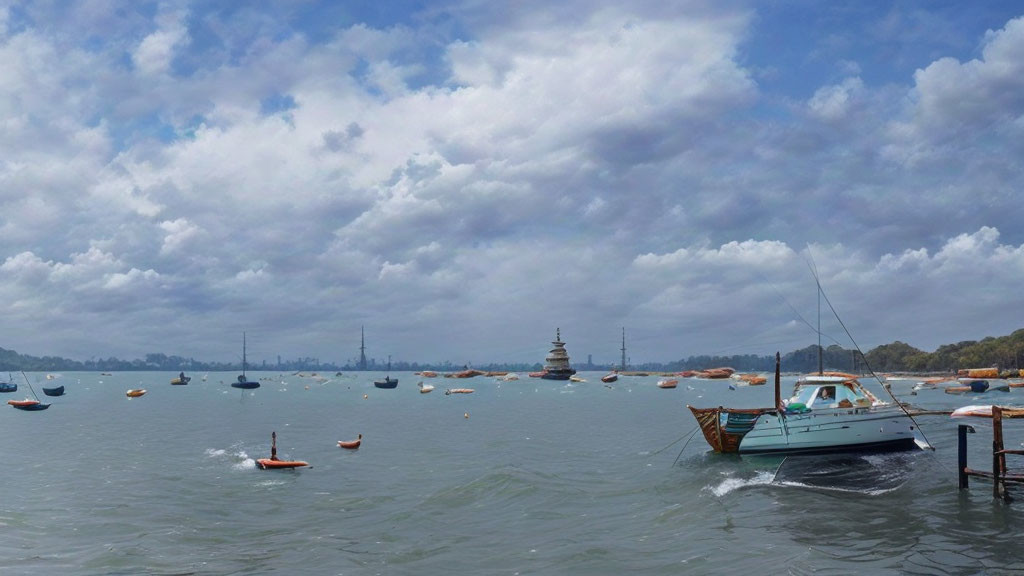 Boats in serene harbor under cloudy sky with lighthouse and city skyline