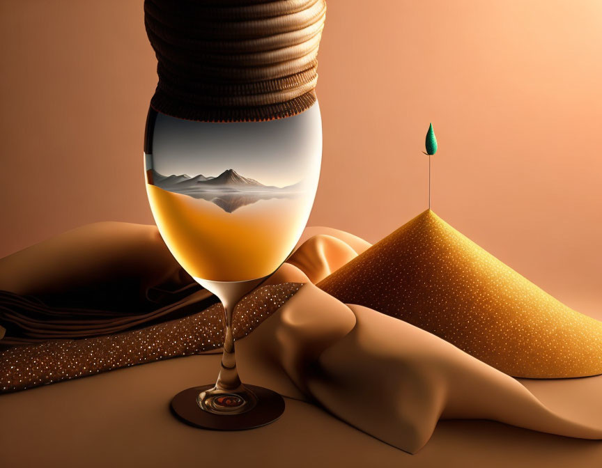 Surreal wine glass with landscape scene and droplet on draped fabrics