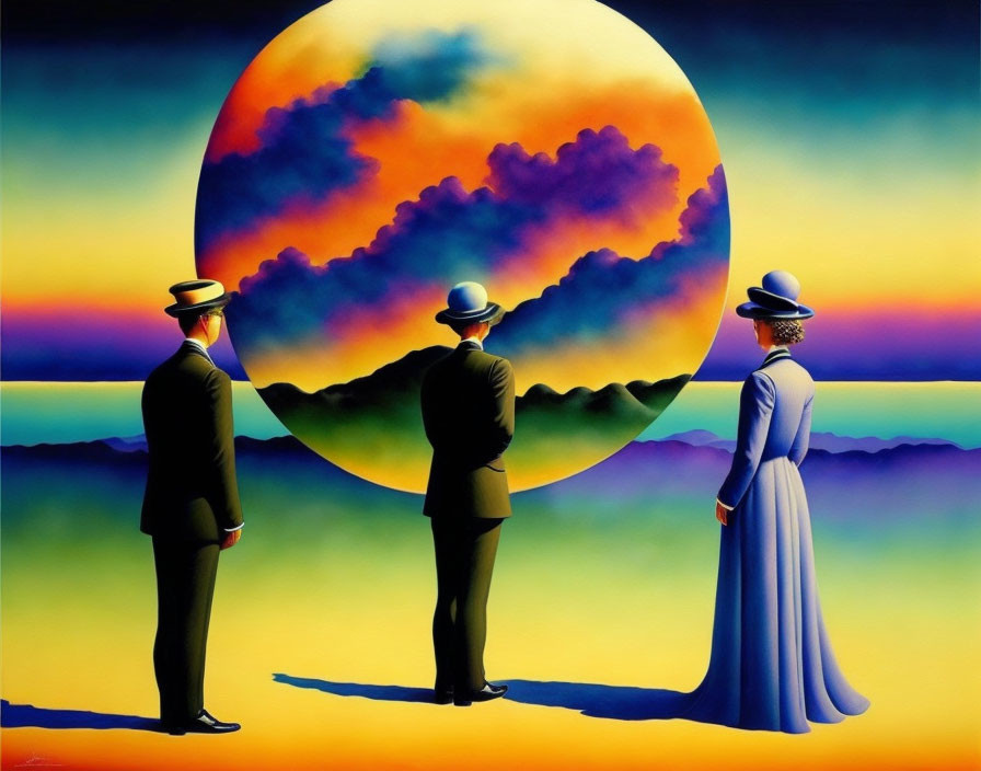 Vintage Attired Figures Silhouetted Against Surreal Sunset Landscape