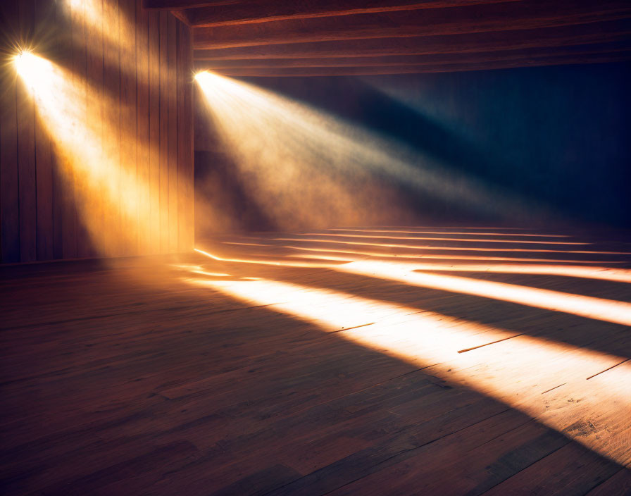 Sunlight through gaps in dark wooden attic, casting beams on dusty air & floor