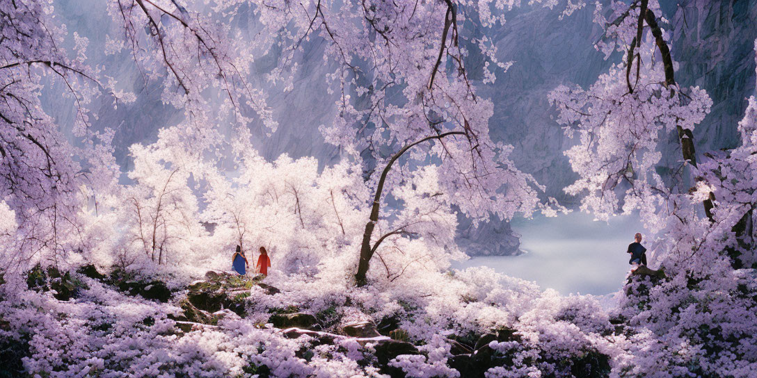 Vibrant pink cherry blossoms over forest path with two people in springtime