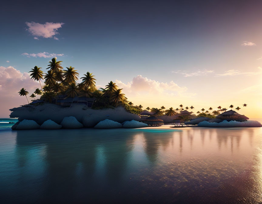 Tropical island with palm trees and thatched huts at sunset