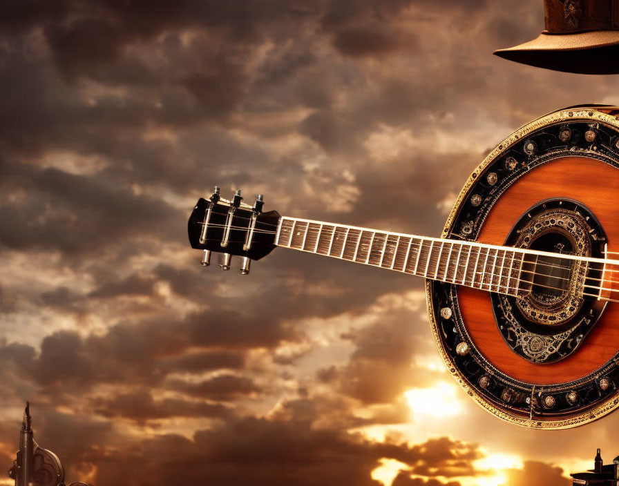 Surreal acoustic guitar in cloudy sunset sky