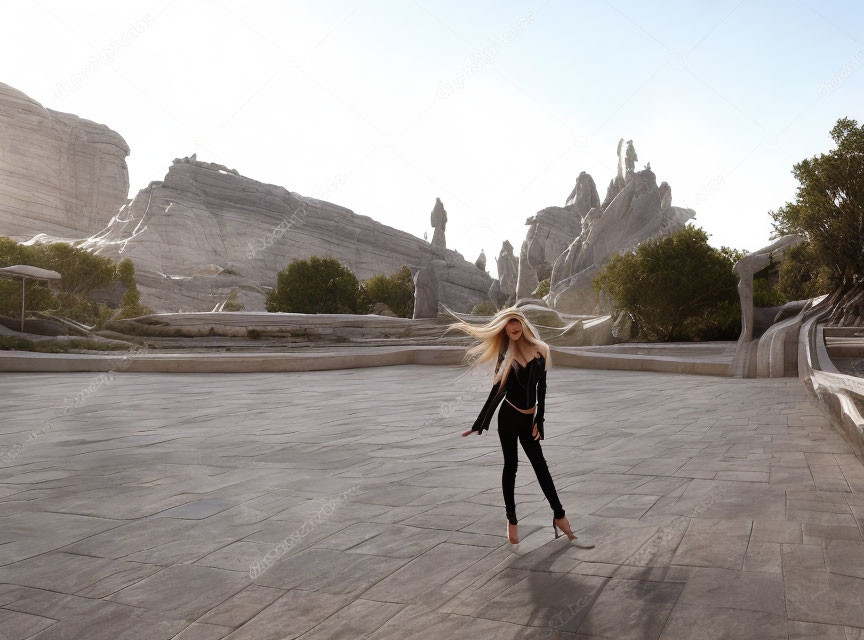 Long-haired person twirling on stone-paved area with jagged rocks and clear sky