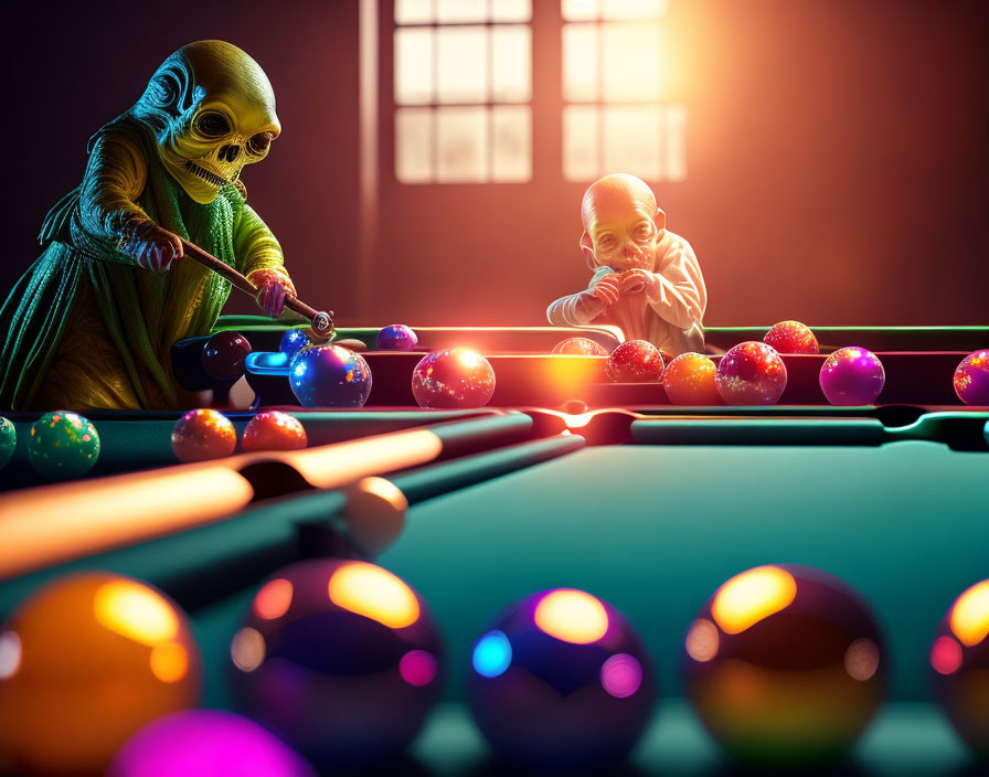 Aliens playing pool with glowing, colorful balls in dimly lit room