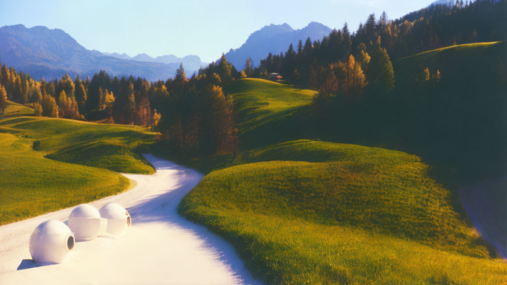 Scenic winding road through green hills and distant mountains