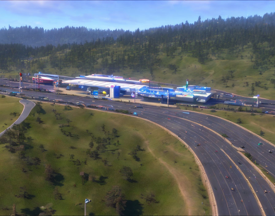 Highway traffic near large blue and white gas station amidst rolling hills