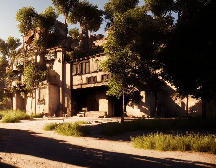 Sunlit Old Building Surrounded by Trees and Clear Sky