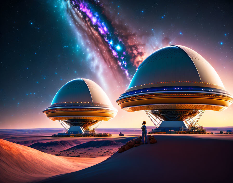 Person on desert dune gazes at futuristic domed structures under starry sky