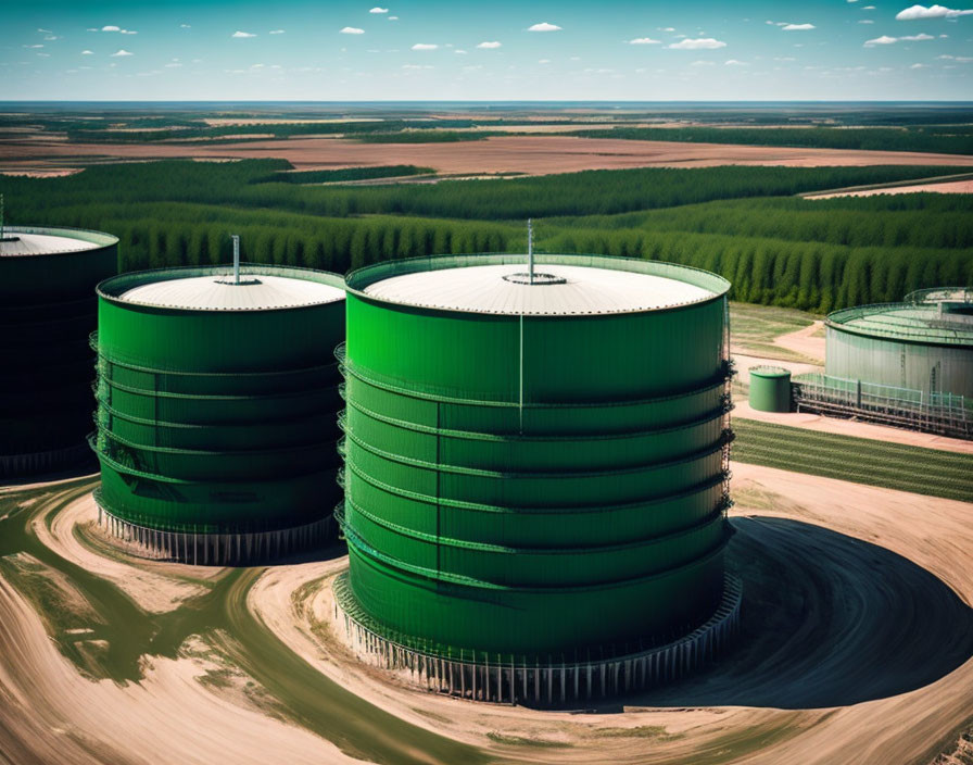 Green industrial storage tanks in farmland landscape.