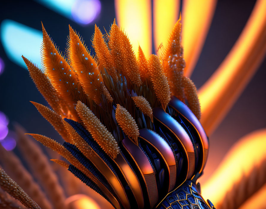 Futuristic digital artwork with golden spikes and blue elements