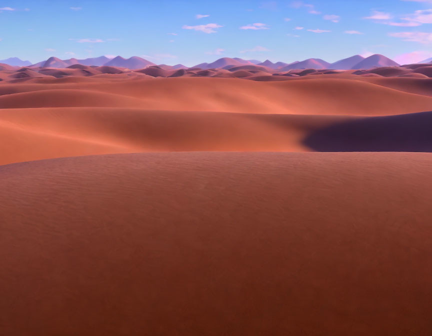 Twilight desert scene: rolling sand dunes under clear sky