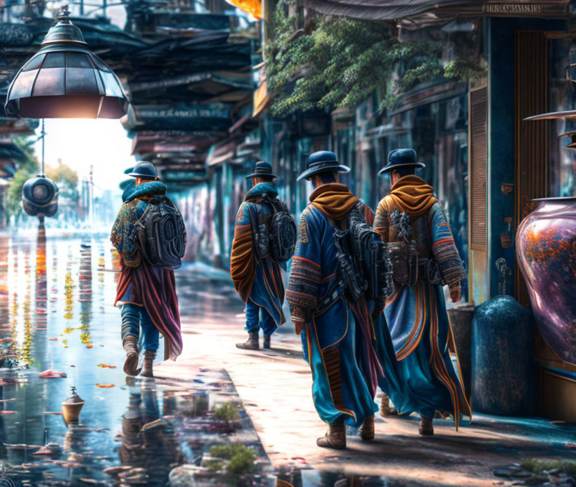 Four individuals in colorful cloaks and hats walking on cobblestone street