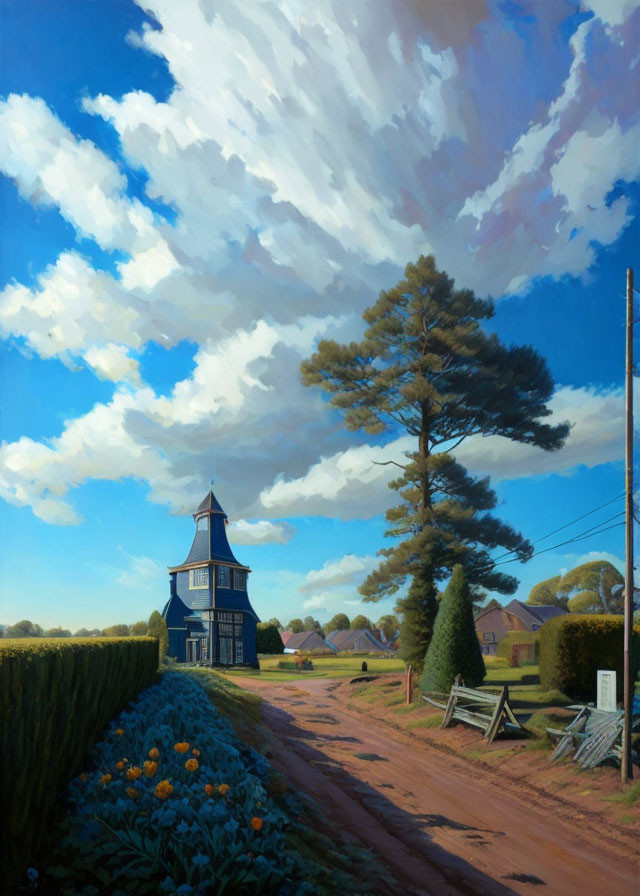 Picturesque countryside painting: tall pine tree, blue tower house, vibrant blue sky.