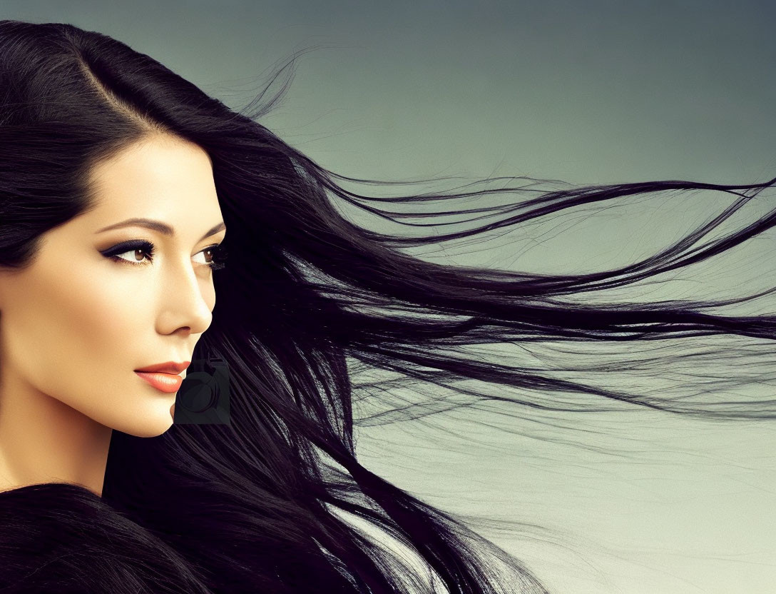 Woman with Long Flowing Black Hair on Light Grey Background