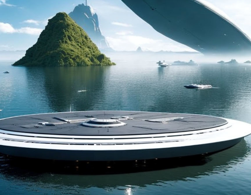 Circular futuristic building on serene ocean with lush green islets & sleek bridge-like structure.