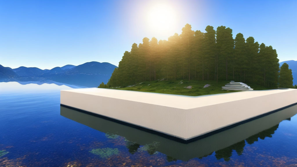 Minecraft floating island over reflective water