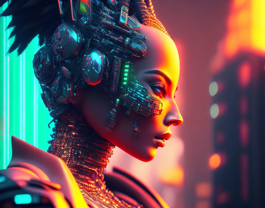 Futuristic cyber-woman with intricate headgear in neon city lights