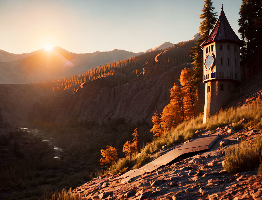 Clock Tower in Sunset Landscape with River and Mountains