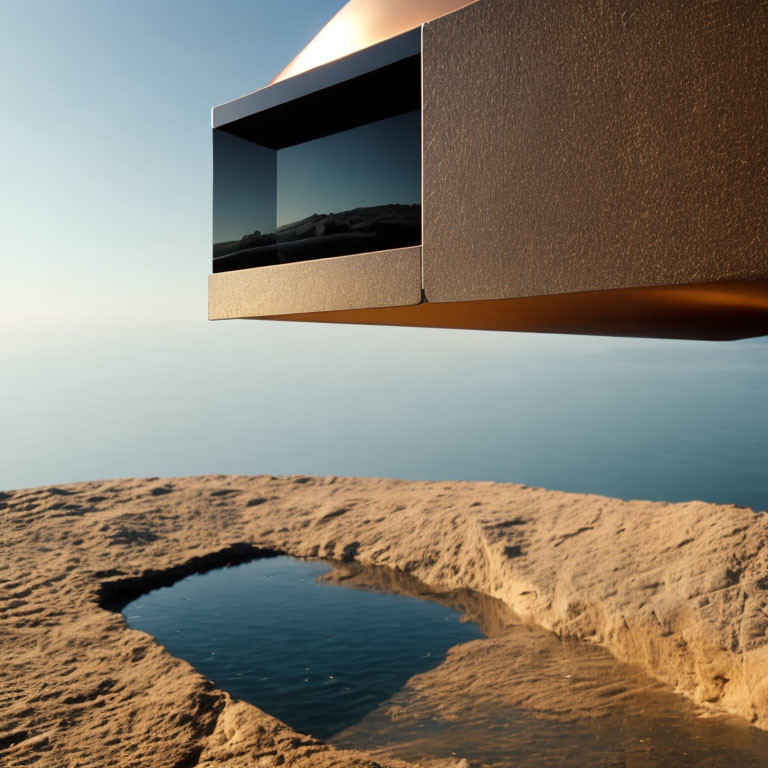 Contemporary architectural overhang with glass windows reflecting coastal landscape and rocky shore.