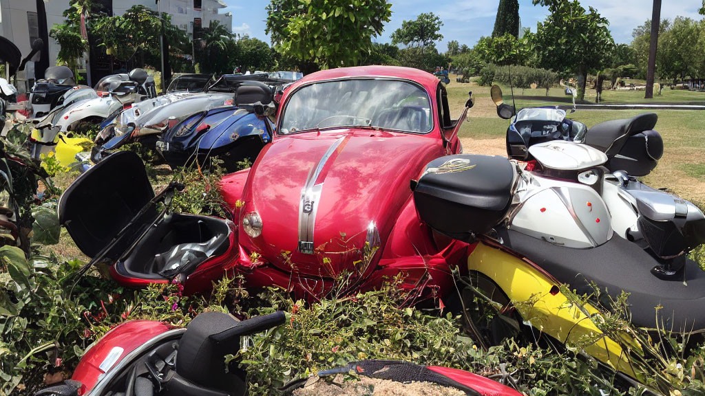 Vintage red car with colorful motorcycles and scooters parked outdoors.