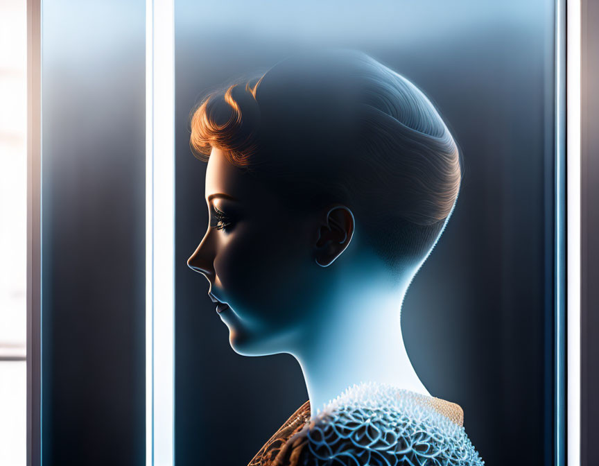 Stylized woman with futuristic haircut in blue neon light