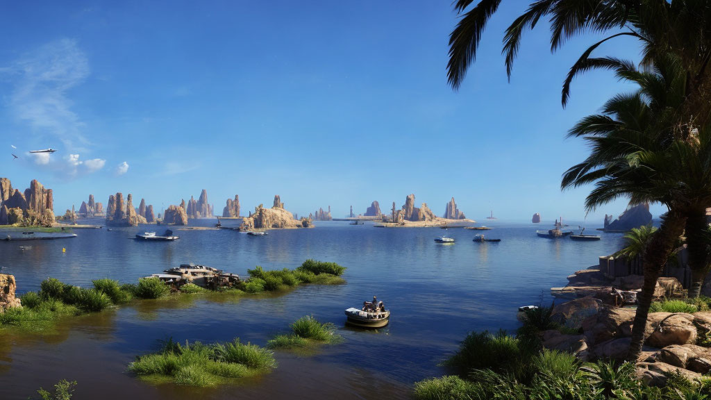 Tranquil coastal scene with boats, rock formations, palm trees, blue sky