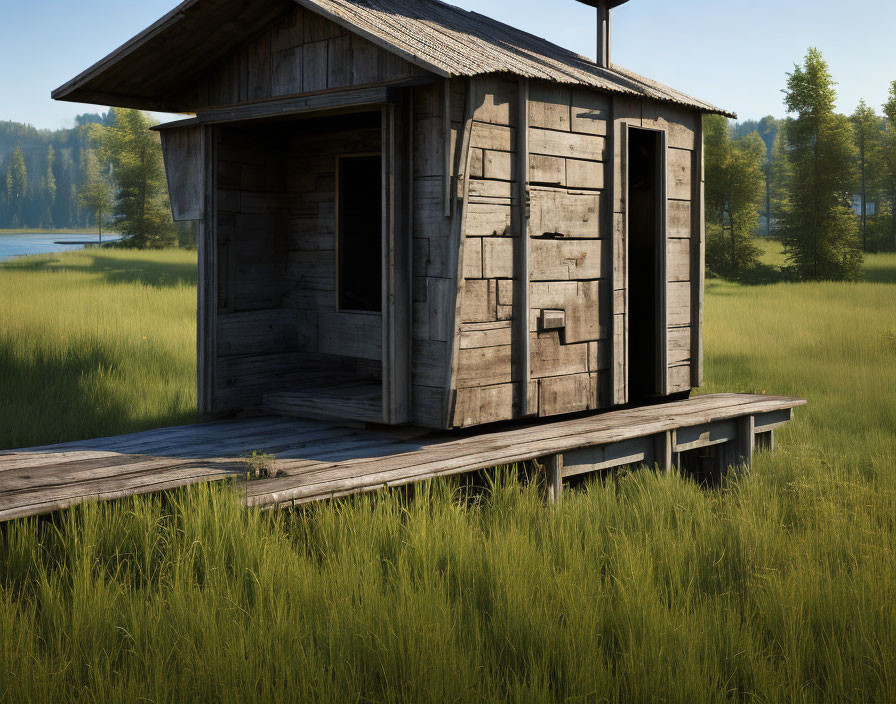 Rustic wooden cabin on platform near tranquil lake