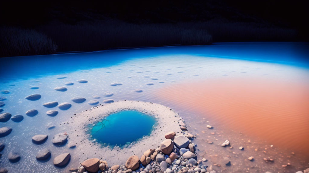 Tranquil Geothermal Spring Amid Smooth Rocks at Twilight