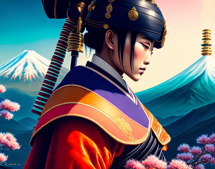 Digital Artwork: Samurai in Armor with Cherry Blossoms & Mt. Fuji