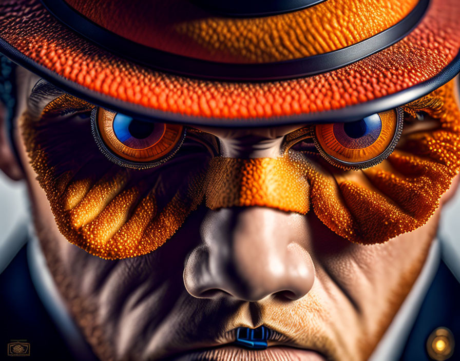 Person with Orange Textured Skin and Striking Eyes in Hat with Intense Stare