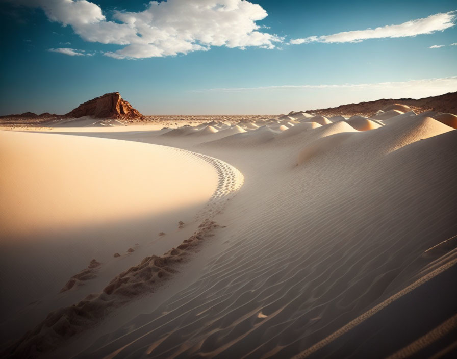 Scenic desert landscape with golden sand dunes, footprints, blue sky, clouds, and rocky