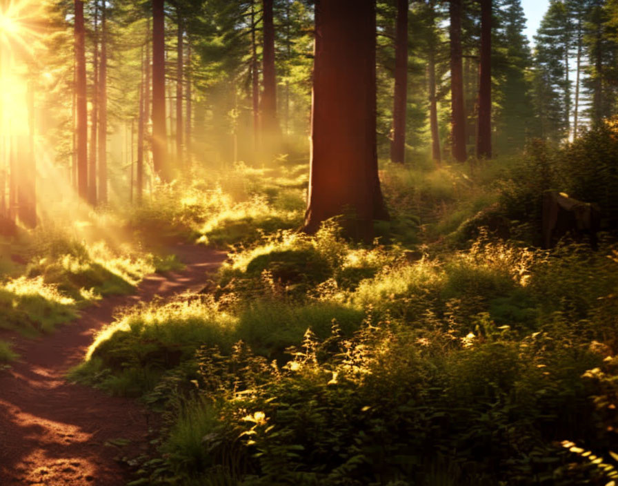 Dense Forest with Sunlight Filtering Through Green Undergrowth